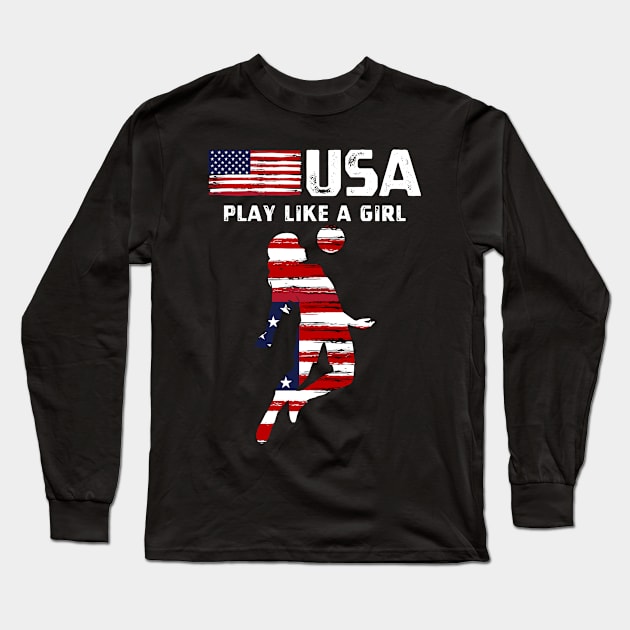 USA Play Like a Girl Soccer Football USA Flag Soccer Girl Long Sleeve T-Shirt by StarMa